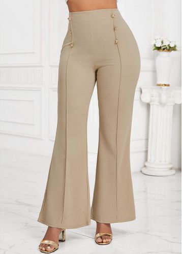 Light Camel Button Flare Leg Elastic Waist Pants - unsigned - Modalova