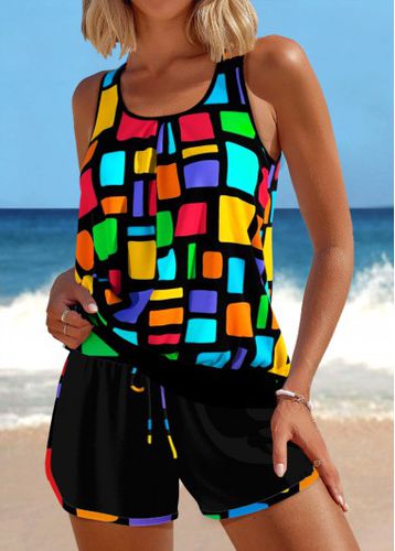 Patchwork Geometric Print Multi Color Tankini Set - unsigned - Modalova