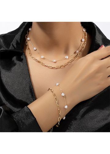 Gold Pearl Heart Necklace and Bracelet - unsigned - Modalova