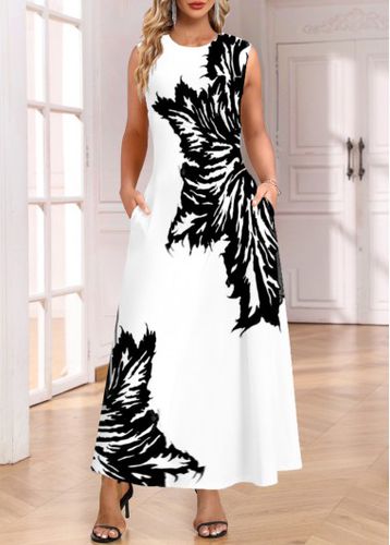 White Pocket Leaf Print Sleeveless Round Neck Maxi Dress - unsigned - Modalova