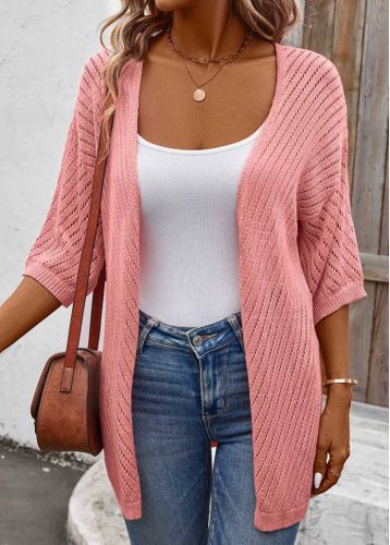 Dusty Pink Hollow Out 3/4 Sleeve Cardigan - unsigned - Modalova