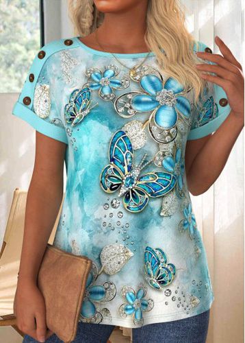 Light Blue Button Butterfly Print Short Sleeve T Shirt - unsigned - Modalova