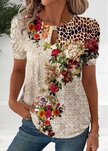 Beige Cut Out Floral Print Short Sleeve T Shirt - unsigned - Modalova