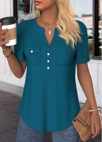 Peacock Blue Button Short Sleeve Split Neck Blouse - unsigned - Modalova