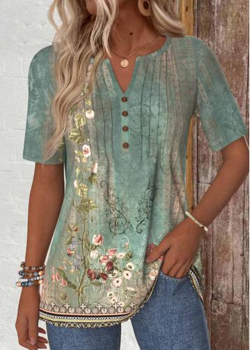 Sage Green Tuck Stitch Random Floral Print T Shirt - unsigned - Modalova