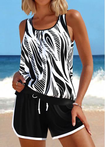 Patchwork Geometric Print Black Tankini Set - unsigned - Modalova