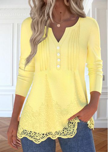 Light Yellow Embroidery Long Sleeve Split Neck T Shirt - unsigned - Modalova