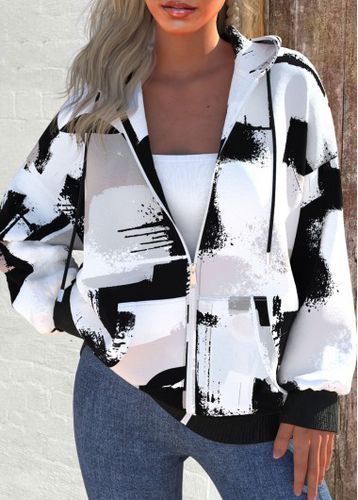 White Zipper Geometric Print Long Sleeve Hoodie - unsigned - Modalova