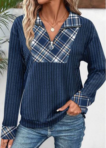 Peacock Blue Patchwork Plaid Long Sleeve Sweatshirt - unsigned - Modalova