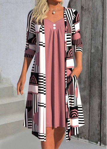 Pink Button Geometric Print A Line 3/4 Sleeve Dress - unsigned - Modalova