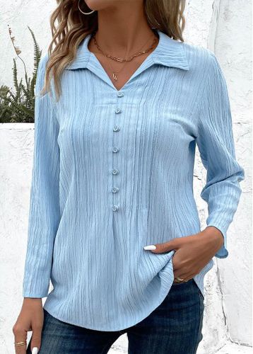 Light Blue Button 3/4 Sleeve Shirt Collar Blouse - unsigned - Modalova