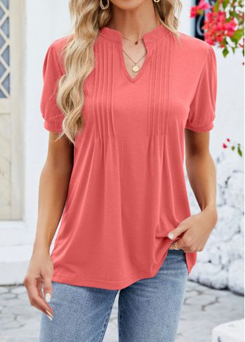 Coral Tuck Stitch Short Sleeve Split Neck T Shirt - unsigned - Modalova
