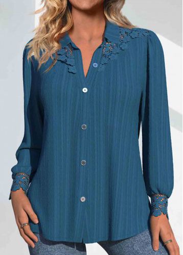 Peacock Blue Patchwork Long Sleeve Shirt Collar Blouse - unsigned - Modalova