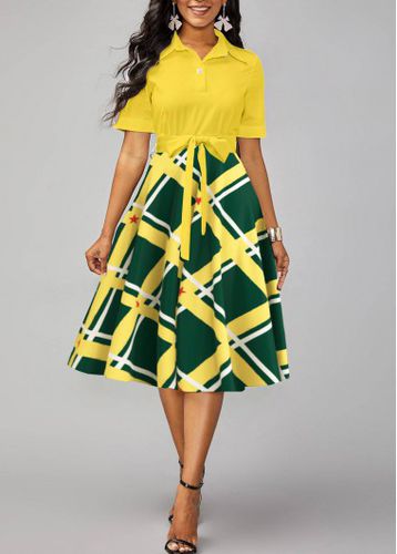 Yellow Umbrella Hem Geometric Print Belted Short Sleeve Dress - unsigned - Modalova