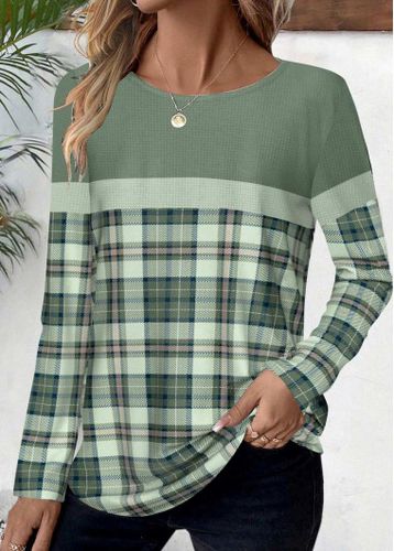 Sage Green Patchwork Plaid Long Sleeve T Shirt - unsigned - Modalova