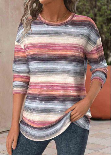 Multi Color Striped Long Sleeve Round Neck T Shirt - unsigned - Modalova