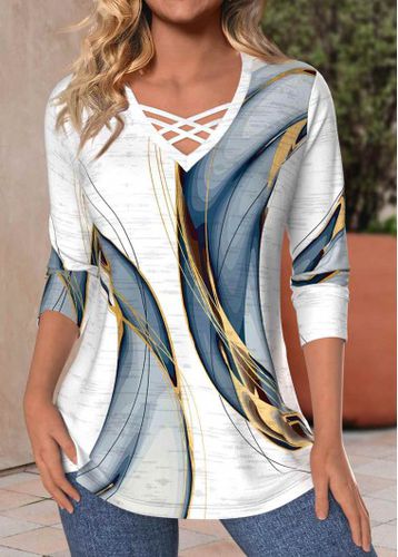 White Criss Cross Geometric Print Long Sleeve T Shirt - unsigned - Modalova