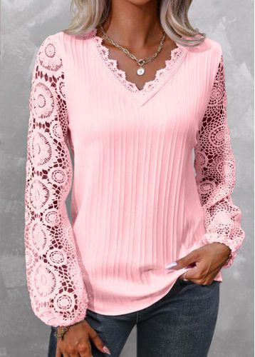 Light Pink Embroidery Long Sleeve V Neck Blouse - unsigned - Modalova