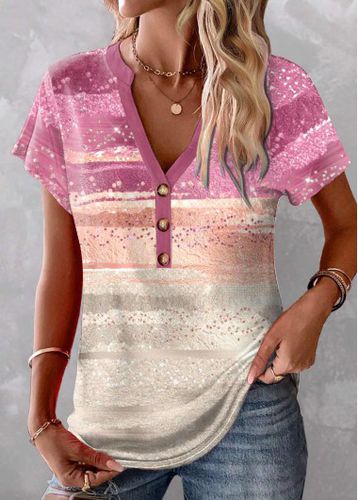 Pink Patchwork Ombre Short Sleeve V Neck T Shirt - unsigned - Modalova