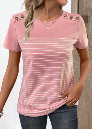 Dusty Pink Patchwork Striped Short Sleeve T Shirt - unsigned - Modalova