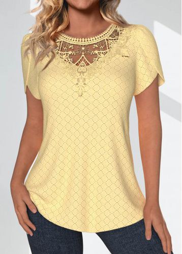 Light Yellow Lace Short Sleeve Round Neck T Shirt - unsigned - Modalova