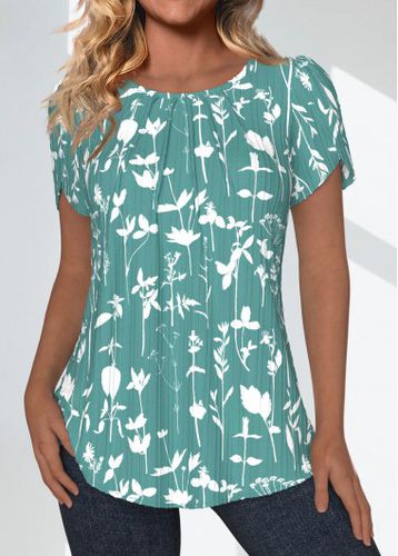 Green Tuck Stitch Floral Print Short Sleeve Blouse - unsigned - Modalova