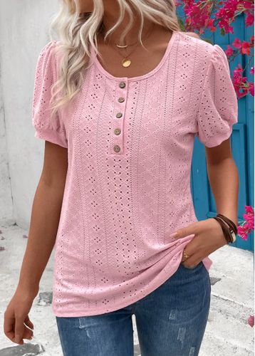 Pink Button Short Sleeve Round Neck T Shirt - unsigned - Modalova