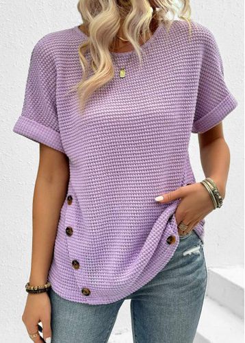 Light Purple Button Short Sleeve Round Neck T Shirt - unsigned - Modalova