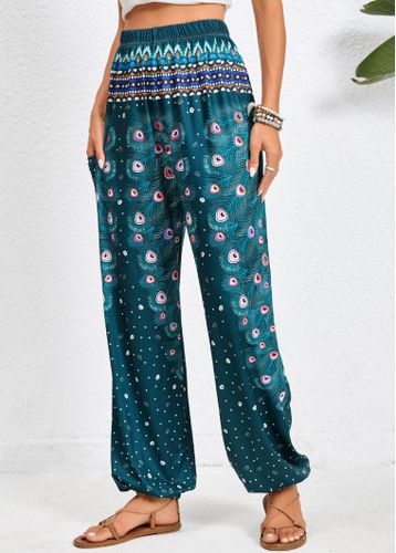 Turquoise Pocket Feathers Print Jogger Elastic Waist Pants - unsigned - Modalova