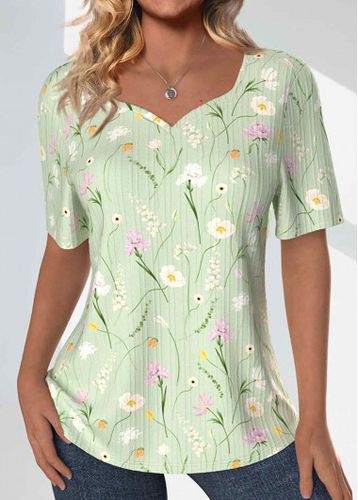 Light Green Textured Fabric Floral Print T Shirt - unsigned - Modalova