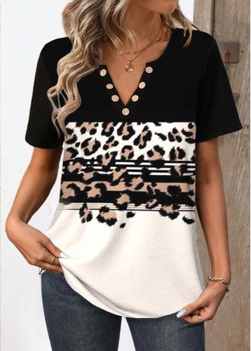 Black Button Leopard Short Sleeve Split Neck T Shirt - unsigned - Modalova