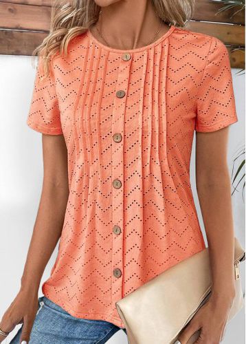 Orange Tuck Stitch Short Sleeve Round Neck T Shirt - unsigned - Modalova