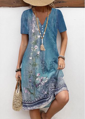 Blue Button Floral Print A Line Short Sleeve Dress - unsigned - Modalova