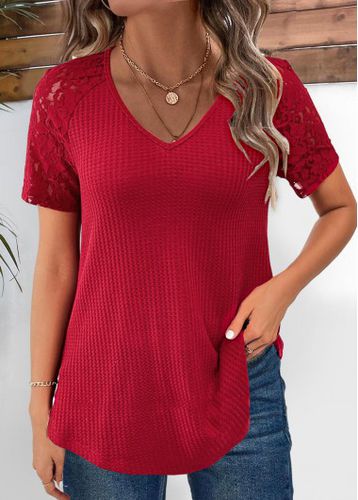 Wine Red Lace Short Sleeve V Neck T Shirt - unsigned - Modalova