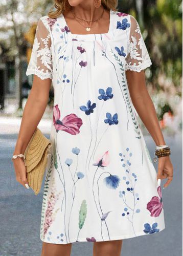 White Lace Floral Print Short A Line Dress - unsigned - Modalova