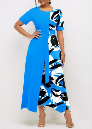 Sky Blue Patchwork Graffiti Print Belted Short Sleeve Dress - unsigned - Modalova