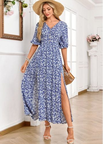 Blue Split Ditsy Floral Print Half Sleeve Maxi Dress - unsigned - Modalova