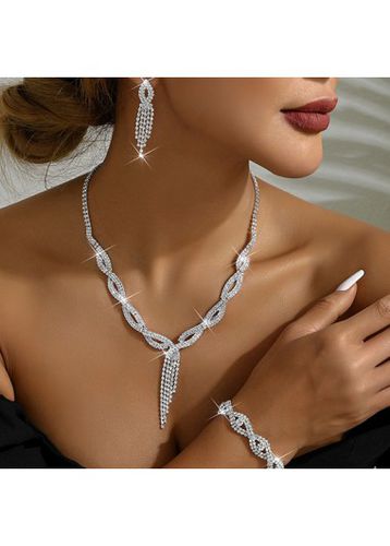 Silvery White Rhinestone Necklace Bracelet and Bracelet - unsigned - Modalova