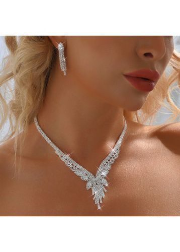 Silvery White Rhinestone Tassel Earrings and Necklace - unsigned - Modalova