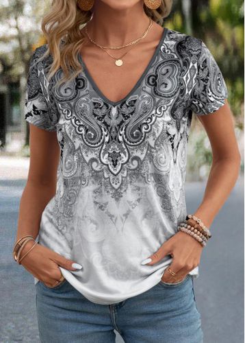 Grey Tribal Print Short Sleeve V Neck T Shirt - unsigned - Modalova