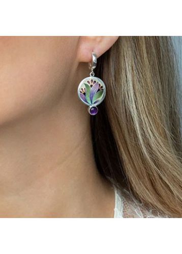 Purple Metal Floral Print Retro Earrings - unsigned - Modalova