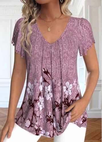 Dark Reddish Purple Embroidery Floral Print T Shirt - unsigned - Modalova