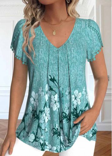 Mint Green Embroidery Floral Print Short Sleeve T Shirt - unsigned - Modalova