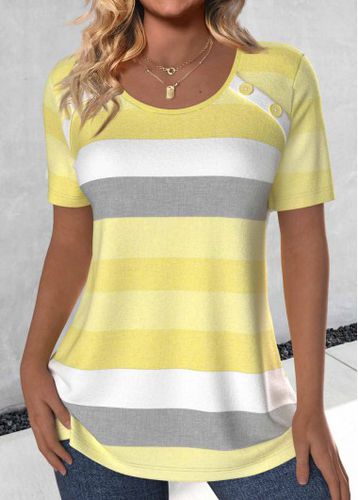 Light Yellow Button Striped Short Sleeve T Shirt - unsigned - Modalova