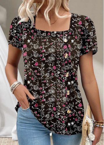 Black Button Ditsy Floral Print Short Sleeve T Shirt - unsigned - Modalova