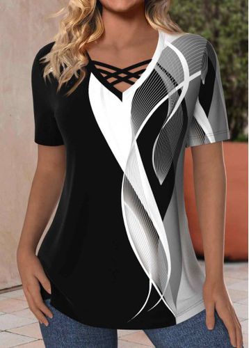 Black Criss Cross Geometric Print Short Sleeve T Shirt - unsigned - Modalova