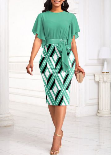 Mint Green Tie Geometric Print Belted Bodycon Dress - unsigned - Modalova