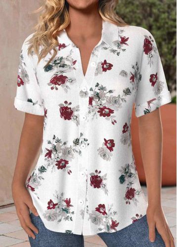 White Button Floral Print Short Sleeve Shirt Collar Blouse - unsigned - Modalova