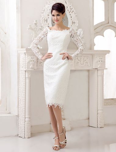 Wedding Dress Lace Long Sleeve Knee Length Bridal Dress Free Customization - milanoo.com - Modalova