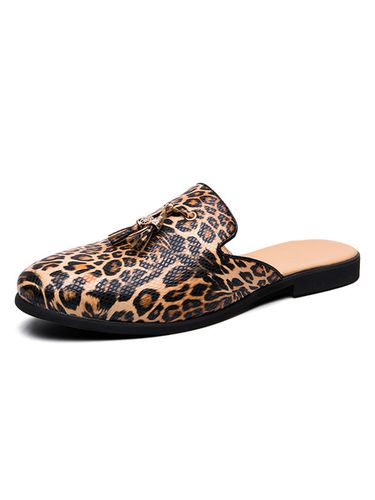 Mens Mules Slip-On Artwork Leather Rubber Sole Leopard Slippers - milanoo.com - Modalova
